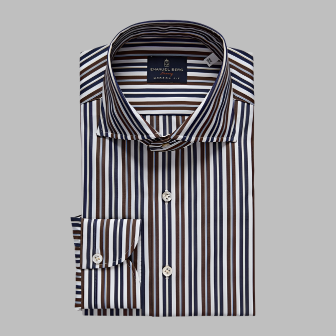 Emanuel Berg Poplin Dress Shirt-Brown Striped