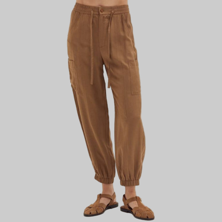 Crescent Eden Woven Cargo Jogger Pants-Brown