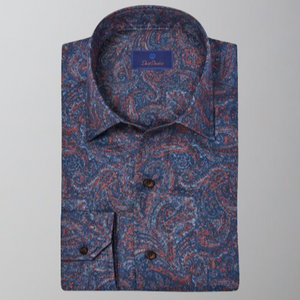 David Donahue Sport Shirt-Navy/Orange Paisley