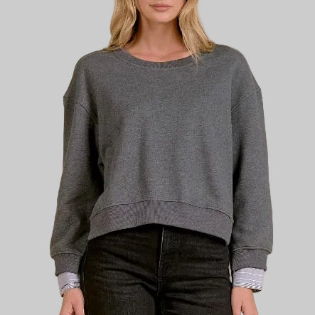 Elan Layered Crewneck-Grey/Plaid