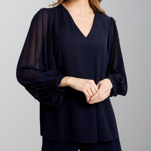 Joseph Ribkoff Georgette Top with Pleated Chiffon Sleeves-MIdnight Blue