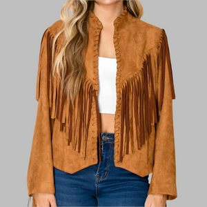 W.A.Y. Suede Fringe Open Front Jacket-Glazed Ginger