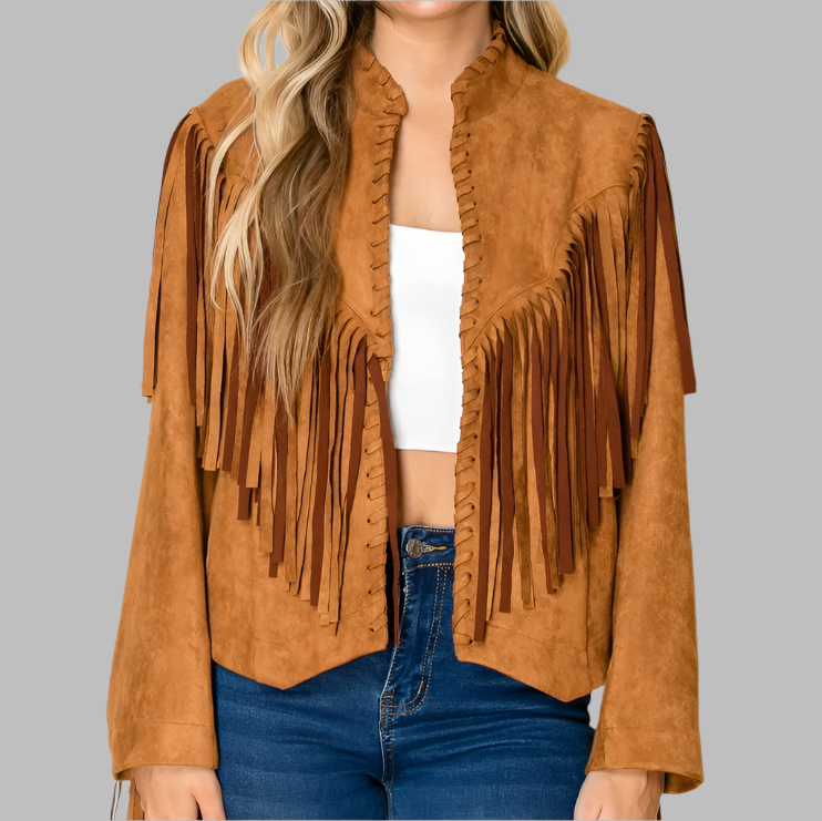 W.A.Y. Suede Fringe Open Front Jacket-Glazed Ginger