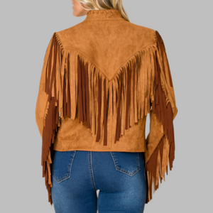 W.A.Y. Suede Fringe Open Front Jacket-Glazed Ginger
