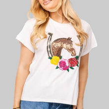 Load image into Gallery viewer, Queen of Sparkles White Horse &amp; Rose Horse Shoe Tee-White
