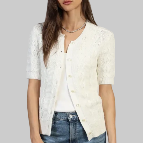 Dylan Cable Knit Cardigan-White