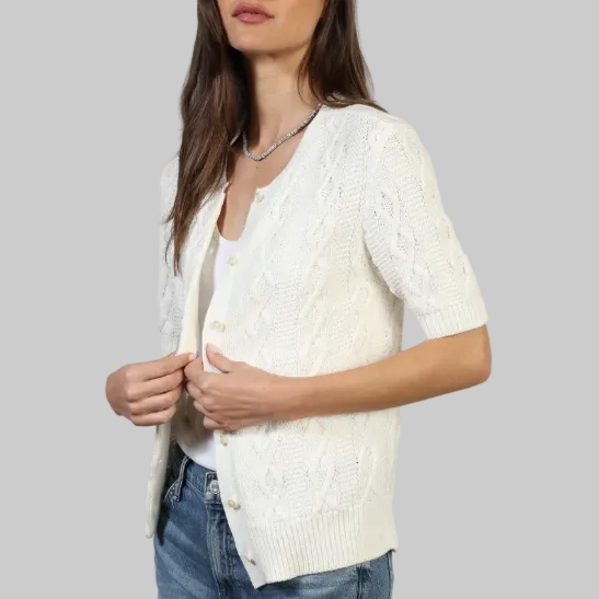 Dylan Cable Knit Cardigan-White