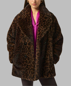 Joseph Ribkoff Faux Fur Leopard Print Coat-Beige/Black