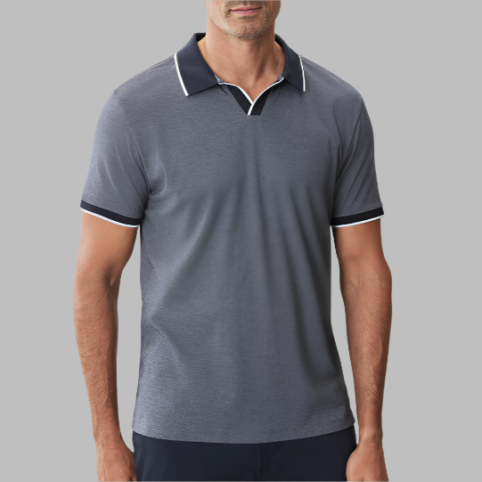 Robert Barakett Northpark Grey Johnny Collar Knit Polo-Navy