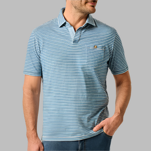 Johnnie-O Brandt Johnny Collar Blue Stripe Polo- Laguna Blue