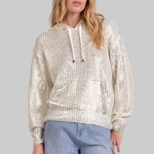 Elan Sequin Sweater Hoodie-White