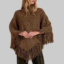 Load image into Gallery viewer, Elan Fringe Turtleneck Poncho-Brown
