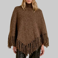 Load image into Gallery viewer, Elan Fringe Turtleneck Poncho-Brown
