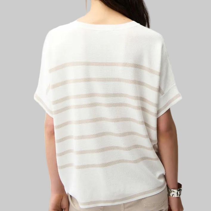 Joseph Ribkoff Stripe Print Short Sleeve Sweater-Vanilla/Moonstone