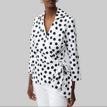 Load image into Gallery viewer, Joseph Ribkoff Stretch Cotton Dot Print Wrap Top-Vanilla/Midnight Blue
